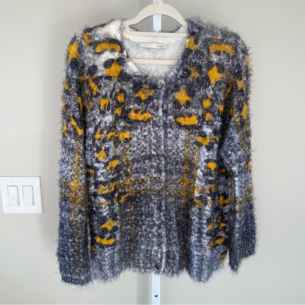 Oui Gray Yellow Cozy Knit Cardigan Women’s Size 12 NWOT